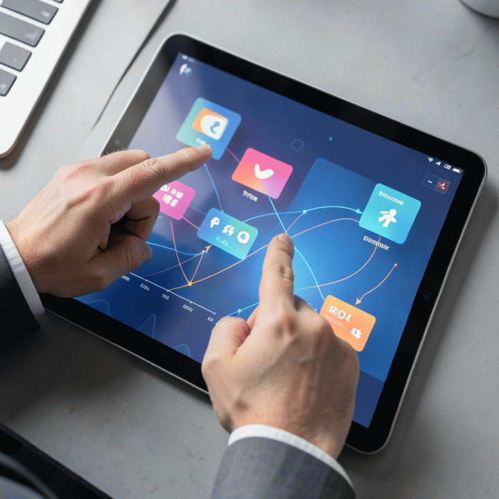 Tangan profesional menunjuk ke dashboard digital pada tablet yang menampilkan visualisasi alokasi anggaran yang teroptimasi.
