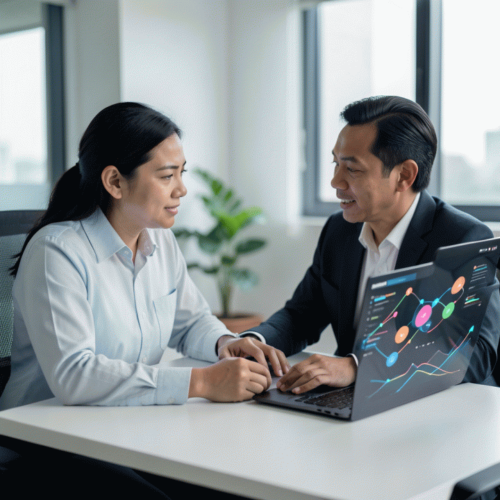Seorang manajer pemasaran yang profesional sedang meninjau dashboard visualisasi bauran iklan yang kompleks dan abstrak, menunjukkan perencanaan strategis dan optimalisasi anggaran.