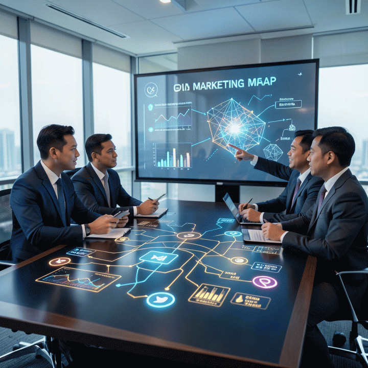 Seorang tim profesional di ruang rapat modern sedang berkolaborasi di sekitar meja besar yang menampilkan visualisasi data dan diagram alir yang kompleks, melambangkan perencanaan bauran iklan media mix yang strategis.