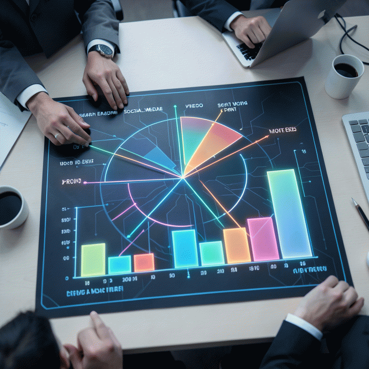 Visualisasi abstrak dan bercahaya dari perencanaan media mix yang seimbang, menunjukkan alokasi anggaran yang optimal di berbagai saluran pemasaran.