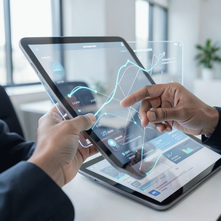 Tangan seorang profesional yang menganalisis dan mengoptimalkan anggaran iklan menggunakan antarmuka digital canggih, melambangkan penggunaan alat perencanaan pemasaran.