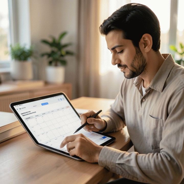 Muslim user planning monthly worship schedule on a digital planner, emphasizing spiritual organization and productivity.