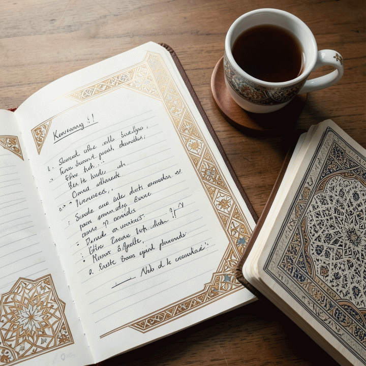 A physical planner spread with handwritten notes and Islamic patterns, symbolizing organized spiritual planning.