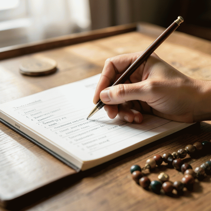 Detail tangan yang mencatat rutinitas ibadah harian di buku jurnal perencanaan spiritual dengan suasana yang hangat dan teratur.