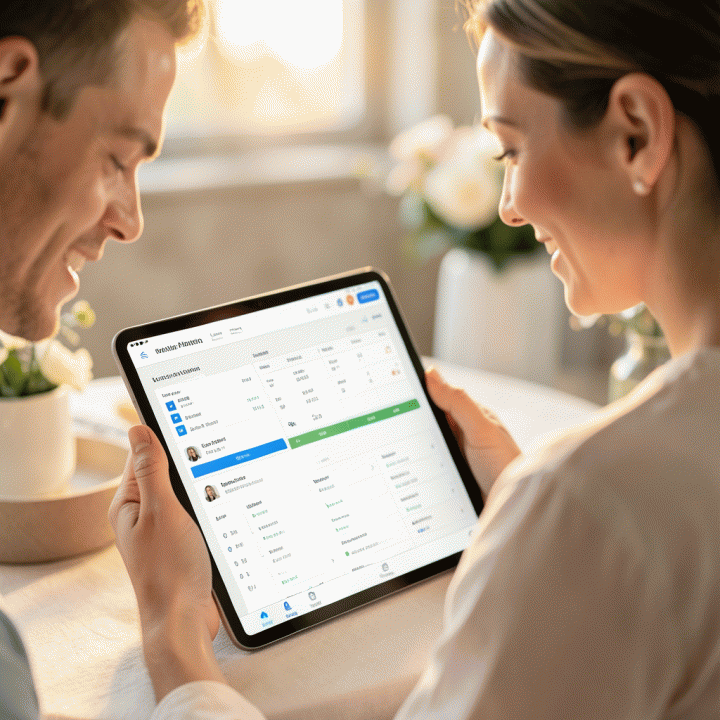Pasangan pengantin bahagia meninjau dasbor perencanaan pernikahan digital yang terorganisir di tablet, menunjukkan anggaran, daftar tamu, dan jadwal yang terstruktur.
