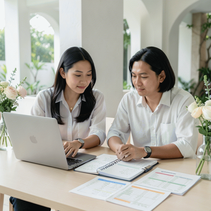 Pasangan muda Indonesia dengan tenang merencanakan pernikahan mereka di meja kerja yang tertata rapi, menggunakan laptop dan jurnal perencanaan keuangan.