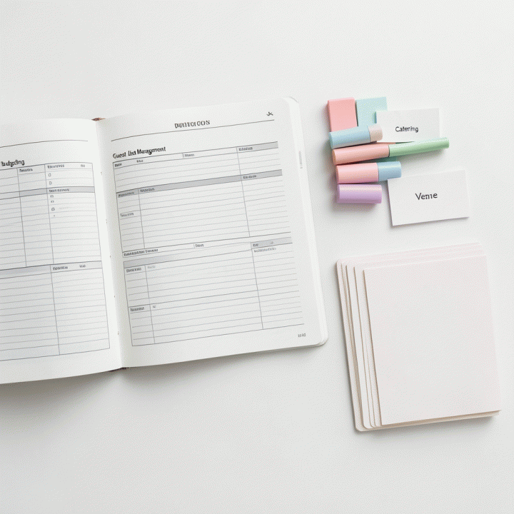 Pandangan dari atas (flat lay) yang memperlihatkan planner pernikahan terstruktur dengan daftar anggaran dan manajemen tamu yang rapi.