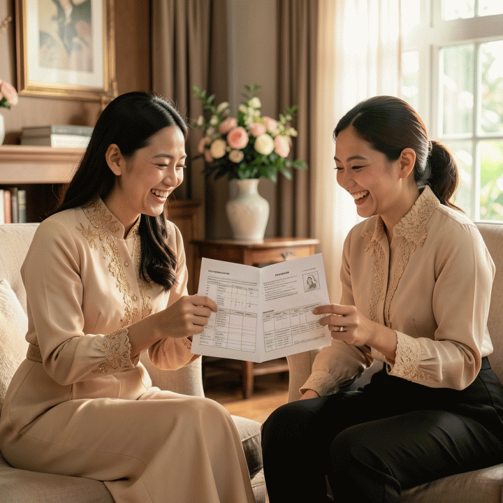 Calon pengantin Indonesia saling menunjukkan dokumen perencanaan pernikahan yang terkoordinasi dengan senyum lega dan bahagia.