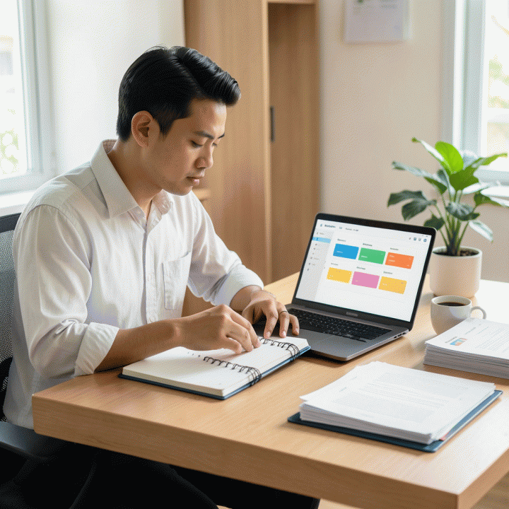 Seorang profesional muda Indonesia sedang merencanakan keuangan di meja kerja yang rapi, menggunakan planner fisik dan laptop dengan tampilan dashboard anggaran yang minimalis.