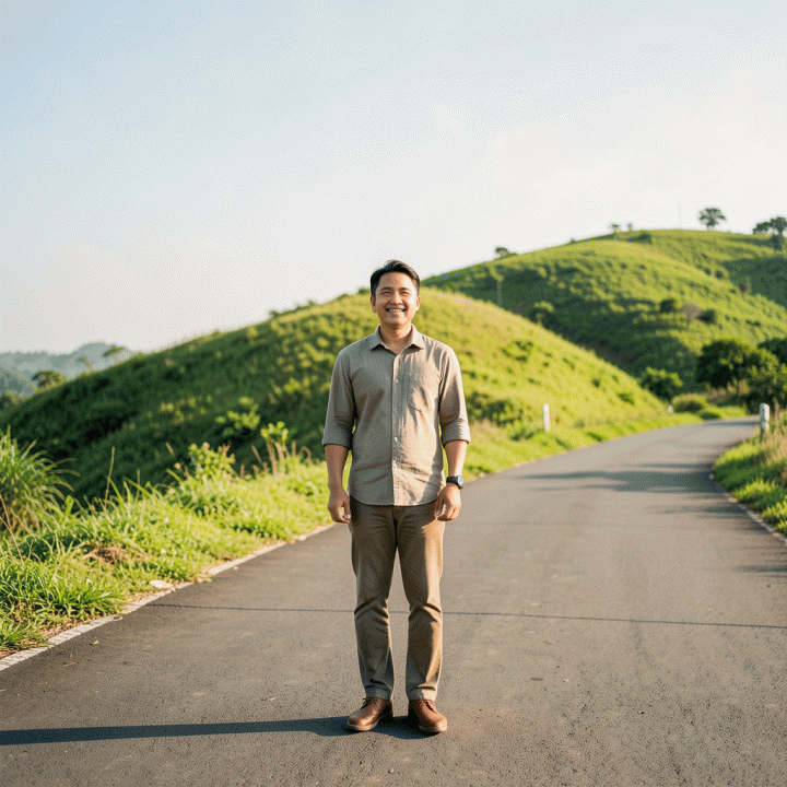 Orang Indonesia berdiri di jalur terbuka di kaki bukit hijau yang menenangkan, melambangkan stabilitas finansial dan awal perjalanan baru setelah bebas utang.