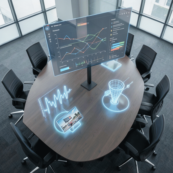 Visualisasi dashboard strategis di atas meja konferensi yang menunjukkan alokasi anggaran iklan yang optimal di berbagai saluran media.