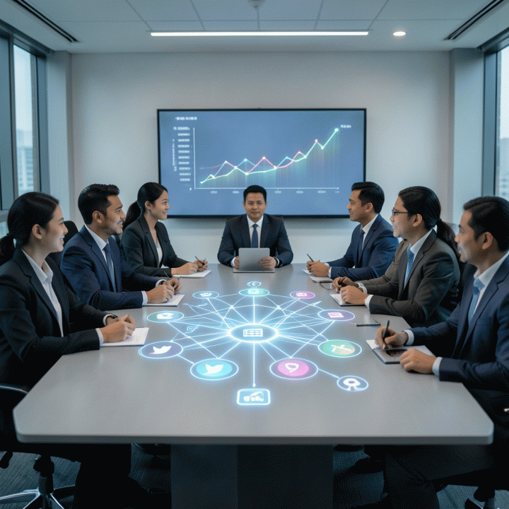 Ilustrasi profesional yang menggambarkan perencanaan media mix iklan digital yang optimal, dengan visualisasi holografik jaringan saluran pemasaran yang terintegrasi di atas meja konferensi modern.