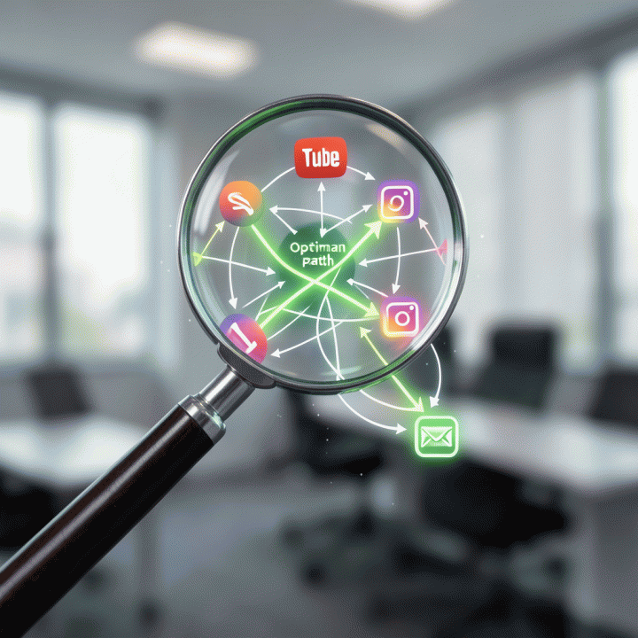 Visualisasi jaringan media digital yang menunjukkan identifikasi jalur investasi pemasaran terbaik dan paling berdampak melalui analisis mendalam.