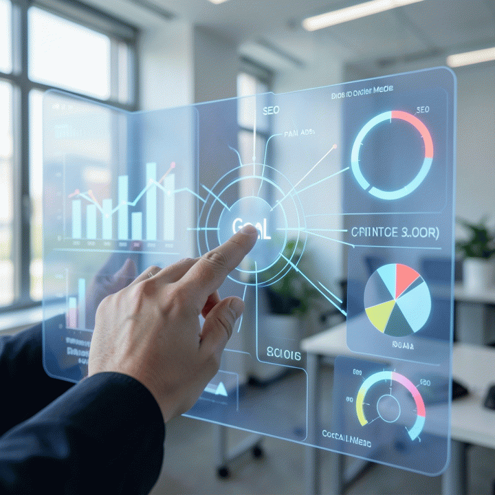 Visualisasi dashboard digital yang menunjukkan alokasi anggaran iklan yang optimal antar berbagai saluran media, menekankan efisiensi dan peningkatan ROI.