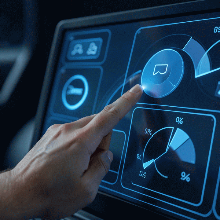 Visualisasi tangan yang sedang menyesuaikan alokasi anggaran iklan di dashboard digital yang modern dan futuristik.