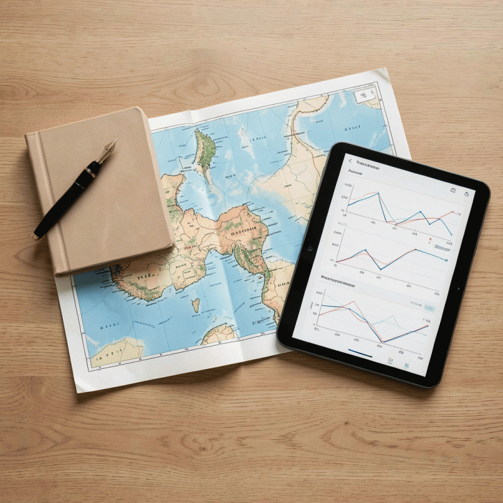 Pemandangan atas meja kerja yang terorganisir, menampilkan perpaduan antara alat perencanaan fisik (buku catatan, peta) dan digital (tablet), melambangkan perencanaan strategis.