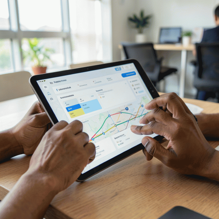 Tangan-tangan yang sedang berinteraksi dengan dashboard perencanaan perjalanan dan proyek di tablet, menunjukkan proses manajemen waktu yang terstruktur.