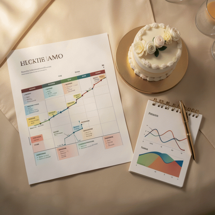 Tampilan atas (flat lay) dari elemen-elemen perencanaan pernikahan yang terorganisir, termasuk jadwal, anggaran, dan daftar tamu, menunjukkan perencanaan yang terstruktur.