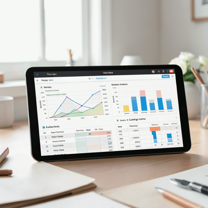 Tampilan digital yang terperinci dan terorganisir dari anggaran pernikahan di tablet, menunjukkan kategori pengeluaran dan progres tanpa teks yang terbaca.