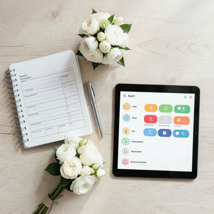Flatlay perencanaan pernikahan yang berisi kartu RSVP, buku catatan, dan tablet yang menampilkan daftar tamu terorganisir, menunjukkan manajemen data yang efisien.