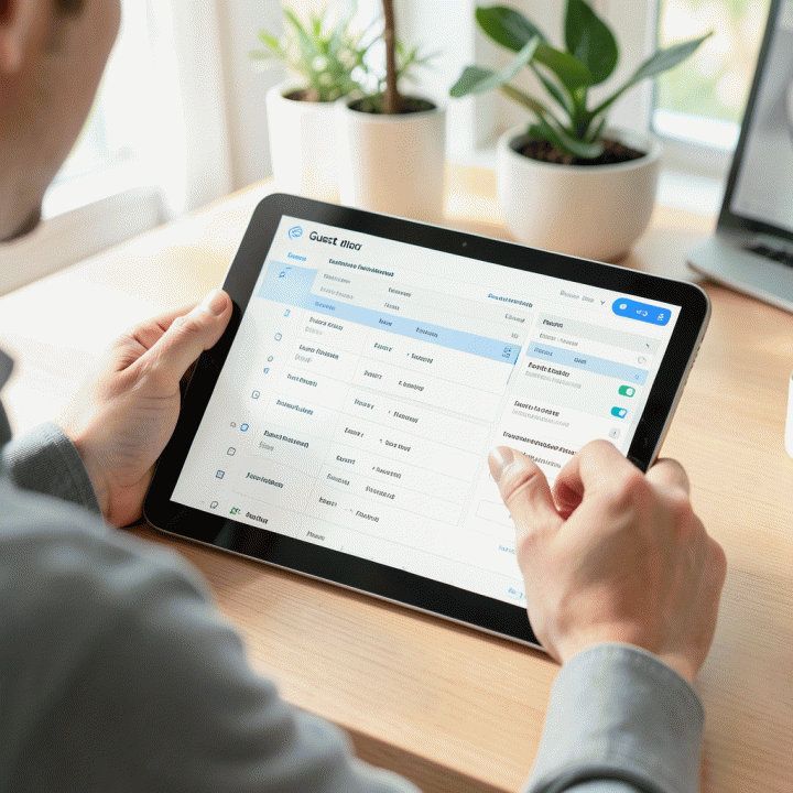 Seseorang yang dengan mudah mengelola daftar tamu dan RSVP pernikahan menggunakan tablet digital yang bersih dan terstruktur.