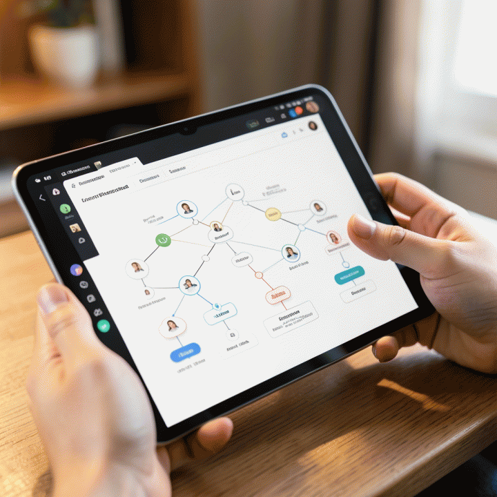 Tangan yang berinteraksi dengan antarmuka perangkat lunak silsilah keluarga modern di tablet, menunjukkan kemudahan dalam menyusun data.