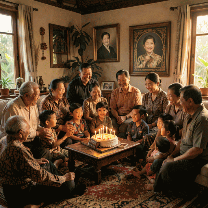 Foto sinematik keluarga besar Indonesia dalam suasana perayaan ulang tahun yang hangat, menonjolkan interaksi lintas generasi dan nuansa warisan keluarga.