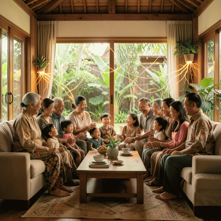 Suasana hangat dan bahagia pesta ulang tahun keluarga besar Indonesia, dengan visualisasi halus benang atau akar yang melambangkan ikatan silsilah yang menyatukan berbagai generasi.