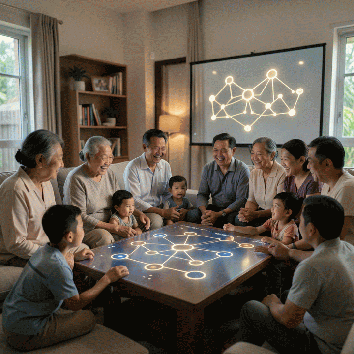 Keluarga multi-generasi berinteraksi dengan antarmuka digital silsilah keluarga yang bercahaya, melambangkan pelestarian warisan kenangan digital.