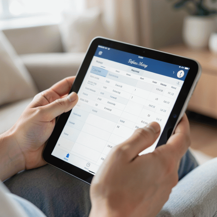 Tangan yang mengelola anggaran dan daftar tamu pernikahan melalui tablet digital yang terorganisir.