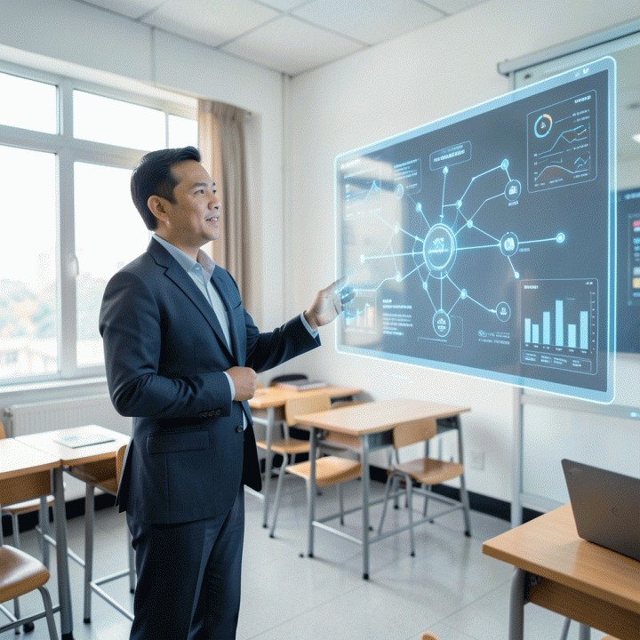 Seorang guru Indonesia modern berinteraksi dengan tampilan holografik AI canggih di kelas, melambangkan adaptasi pendidikan di era digital dan hibrida.