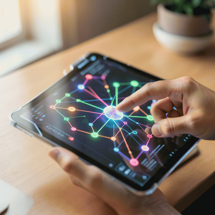 Tangan guru berinteraksi dengan antarmuka digital futuristik yang menampilkan visualisasi data pembelajaran yang terpersonalisasi.