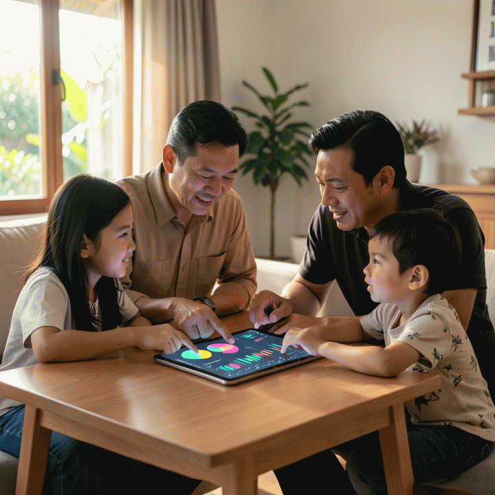 Keluarga Indonesia yang sedang berdiskusi dan merencanakan anggaran keuangan di meja kayu modern, dengan fokus pada kolaborasi dan data finansial yang abstrak di tablet.