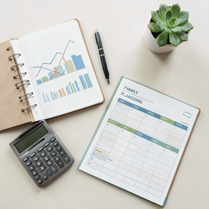 Komposisi datar (flat lay) berisi alat-alat perencanaan keuangan seperti buku catatan, planner, dan tanaman hias, melambangkan anggaran keluarga yang terstruktur.