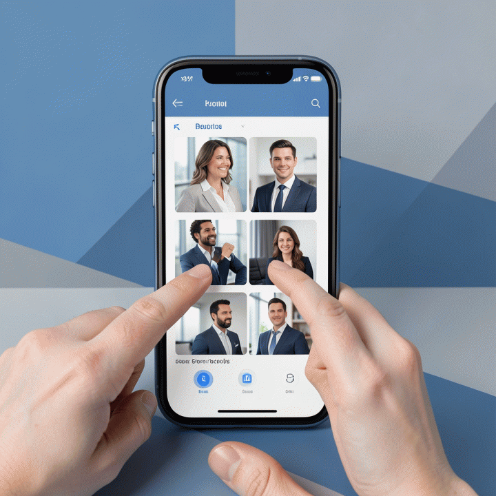 Visualisasi penggunaan aplikasi AI di smartphone untuk menghasilkan foto profil profesional; fokus pada interaksi pengguna dan antarmuka yang bersih tanpa teks terbaca.