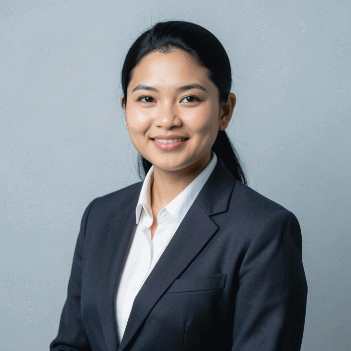Foto profil profesional seorang pria atau wanita Indonesia muda yang mengenakan setelan jas korporat di latar belakang solid, tampak percaya diri dan siap untuk keperluan CV atau LinkedIn.