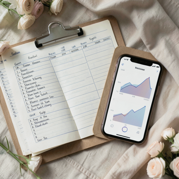 Tampilan datar alat perencanaan pernikahan: buku anggaran dengan mata uang Rupiah, clipboard daftar tamu RSVP, dan ponsel menampilkan grafik data abstrak untuk manajemen keuangan.