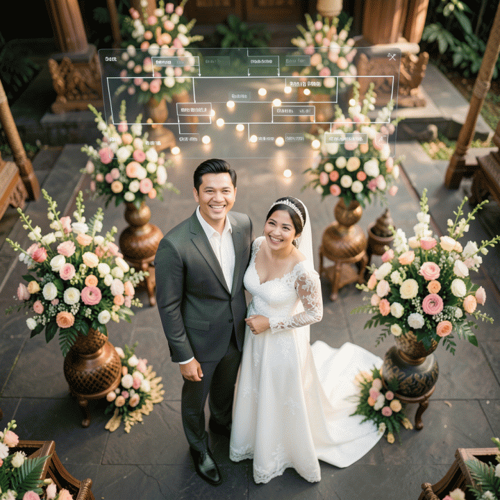 Pasangan pengantin Indonesia yang bahagia di hari pernikahan mereka, dikelilingi dekorasi floral dan suasana tenang, menunjukkan perencanaan pernikahan yang terorganisir dan finansial yang stabil.