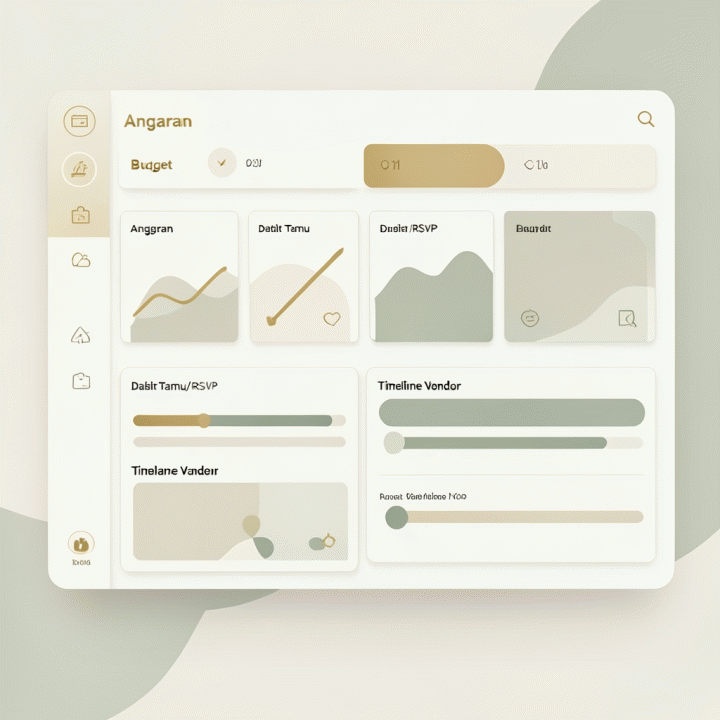 Mockup dashboard perencanaan pernikahan digital yang bersih dan terorganisir, menampilkan bagian anggaran, RSVP tamu, dan jadwal vendor dengan ikonografi abstrak.