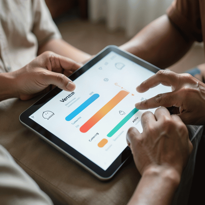 Dua tangan yang bekerja sama menggunakan tablet untuk melihat dashboard anggaran pernikahan virtual yang rapi dan terstruktur.