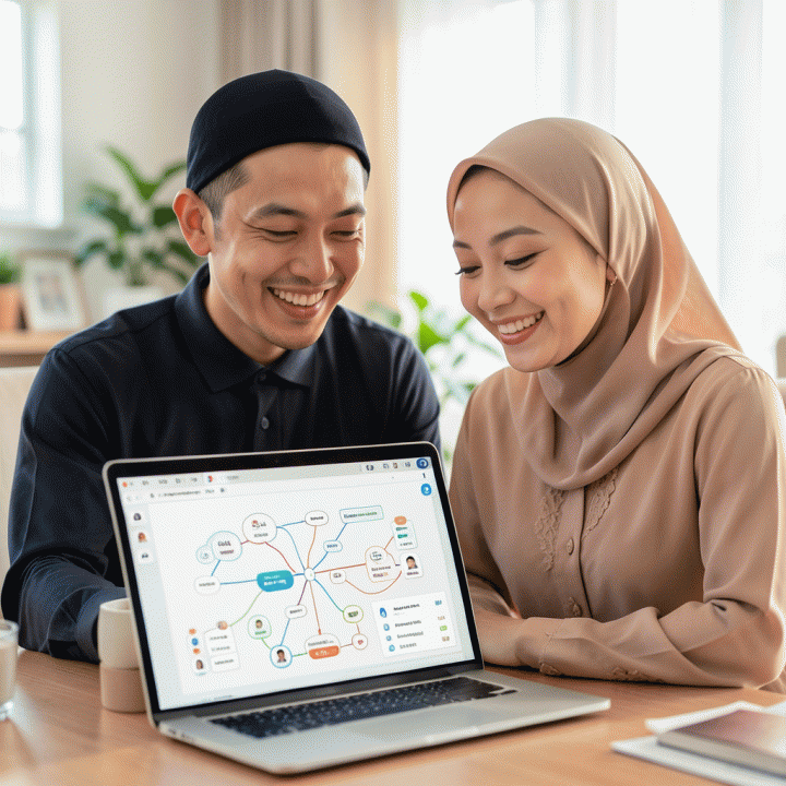 Sepasang calon pengantin Indonesia yang sedang tersenyum melihat layar laptop yang menampilkan visualisasi perencanaan pernikahan yang terstruktur dan mudah dikelola.