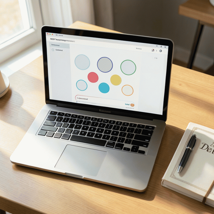 Laptop yang menampilkan antarmuka manajemen daftar tamu virtual yang terstruktur dengan berbagai status konfirmasi berwarna, diletakkan di atas meja kerja yang rapi.