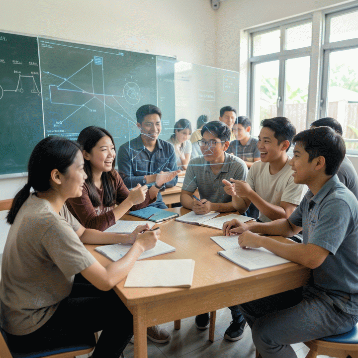 Sekelompok siswa Indonesia yang terlibat dalam diskusi kolaboratif yang intensif di kelas modern, menunjukkan pengembangan keterampilan berpikir kritis.