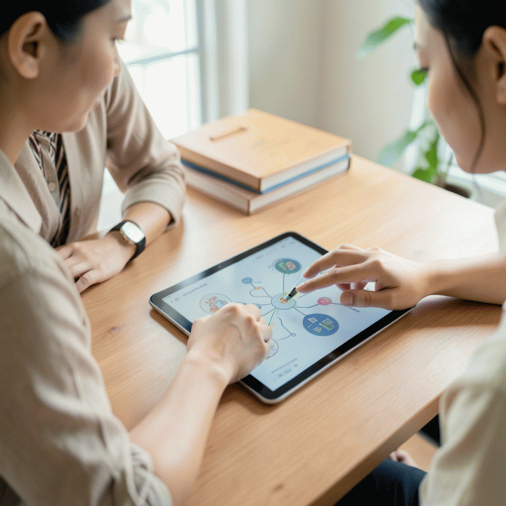 Seorang ibu dan guru yang bekerja sama di meja modern, meninjau konsep pembelajaran abstrak di tablet digital.