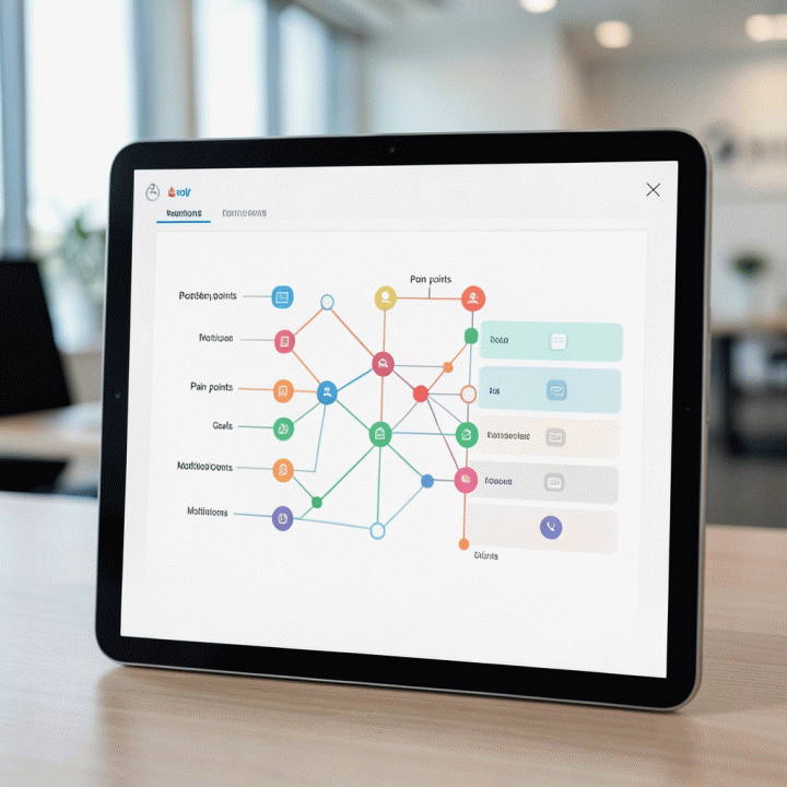 Tampilan tablet yang menunjukkan antarmuka pengguna persona yang terstruktur dan bersih, dengan node data yang saling terhubung, tanpa teks yang terbaca.