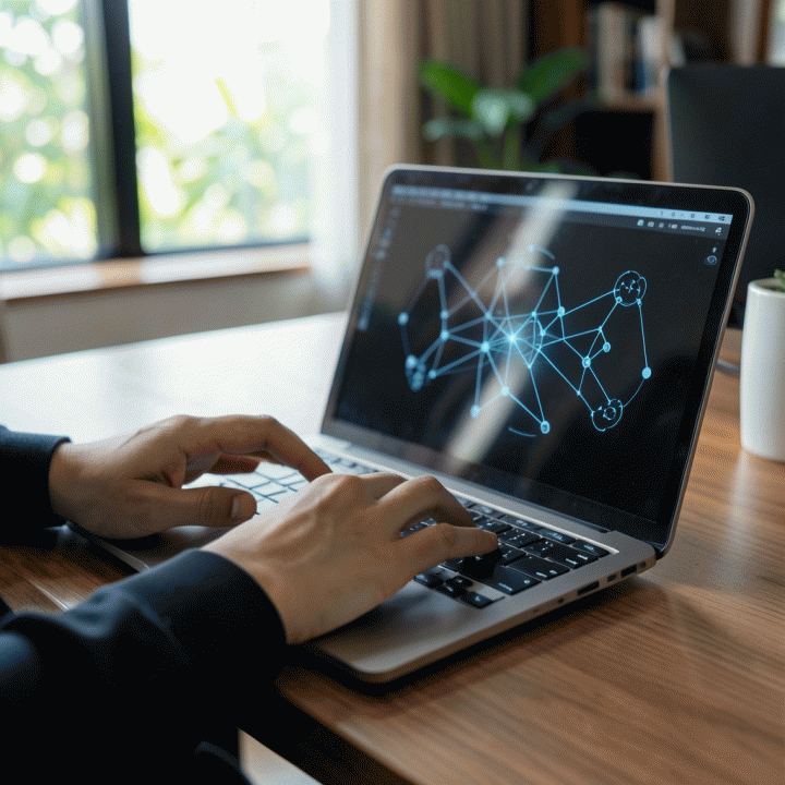Tangan profesional sedang bekerja di laptop yang menampilkan diagram visualisasi data persona pelanggan.