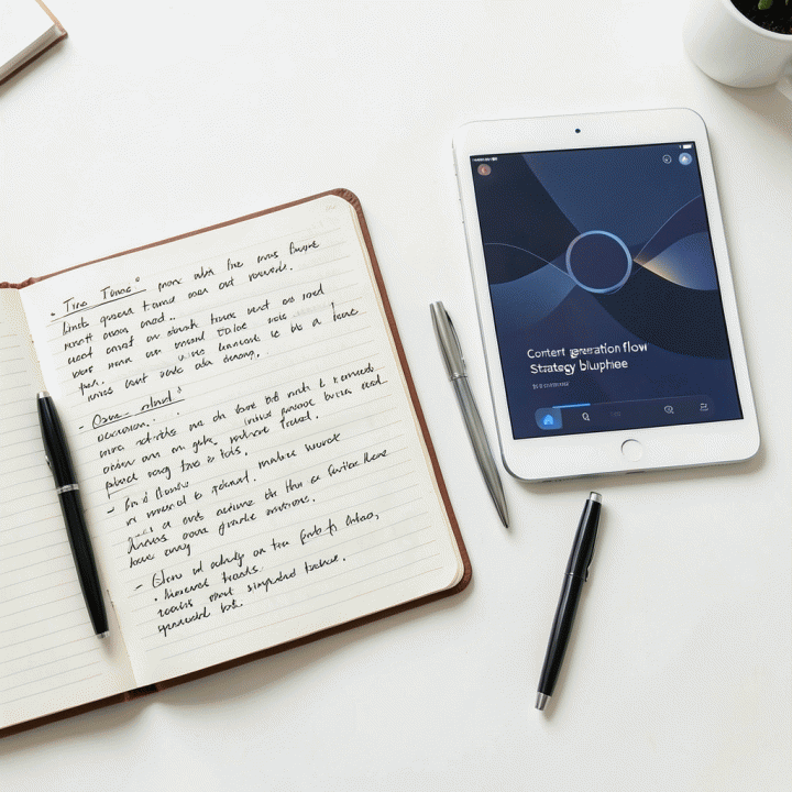 Meja kerja yang rapi dengan buku catatan dan tablet digital menampilkan alur strategi konten dari persona pelanggan.