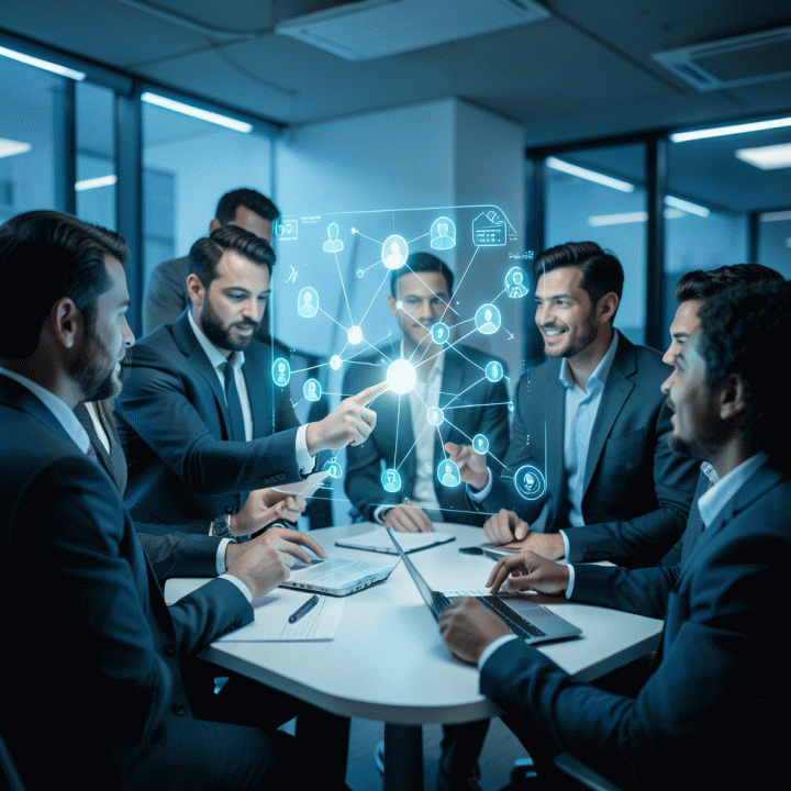 Seorang kelompok profesional digital marketing yang berkolaborasi di sekitar antarmuka holografik futuristik untuk menganalisis dan memahami persona pelanggan menggunakan bantuan kecerdasan buatan.