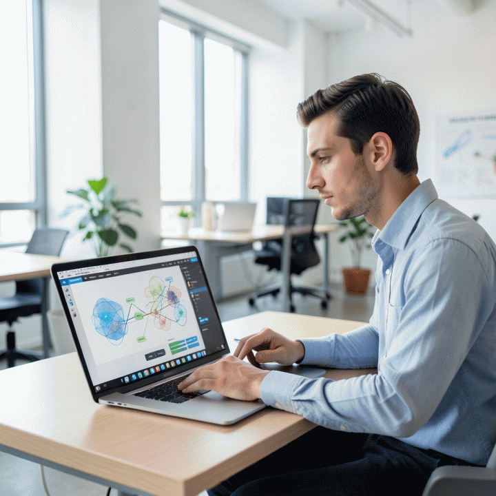 Seorang pemasar profesional merancang strategi konten berdasarkan visualisasi dan ide yang dihasilkan oleh alat AI di layar laptopnya.