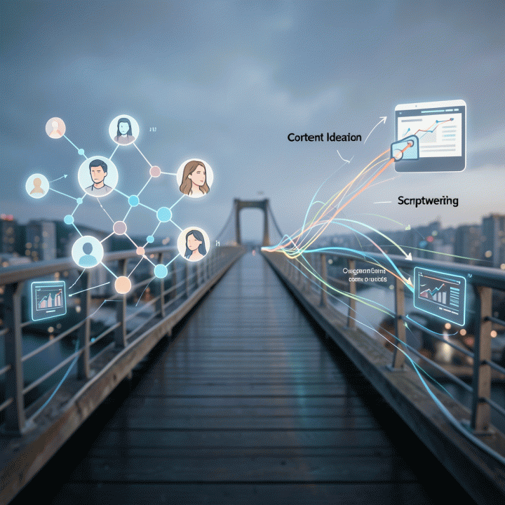 Visual metafora yang menunjukkan bagaimana data persona pelanggan diubah menjadi strategi konten dan ide marketing yang konkret.